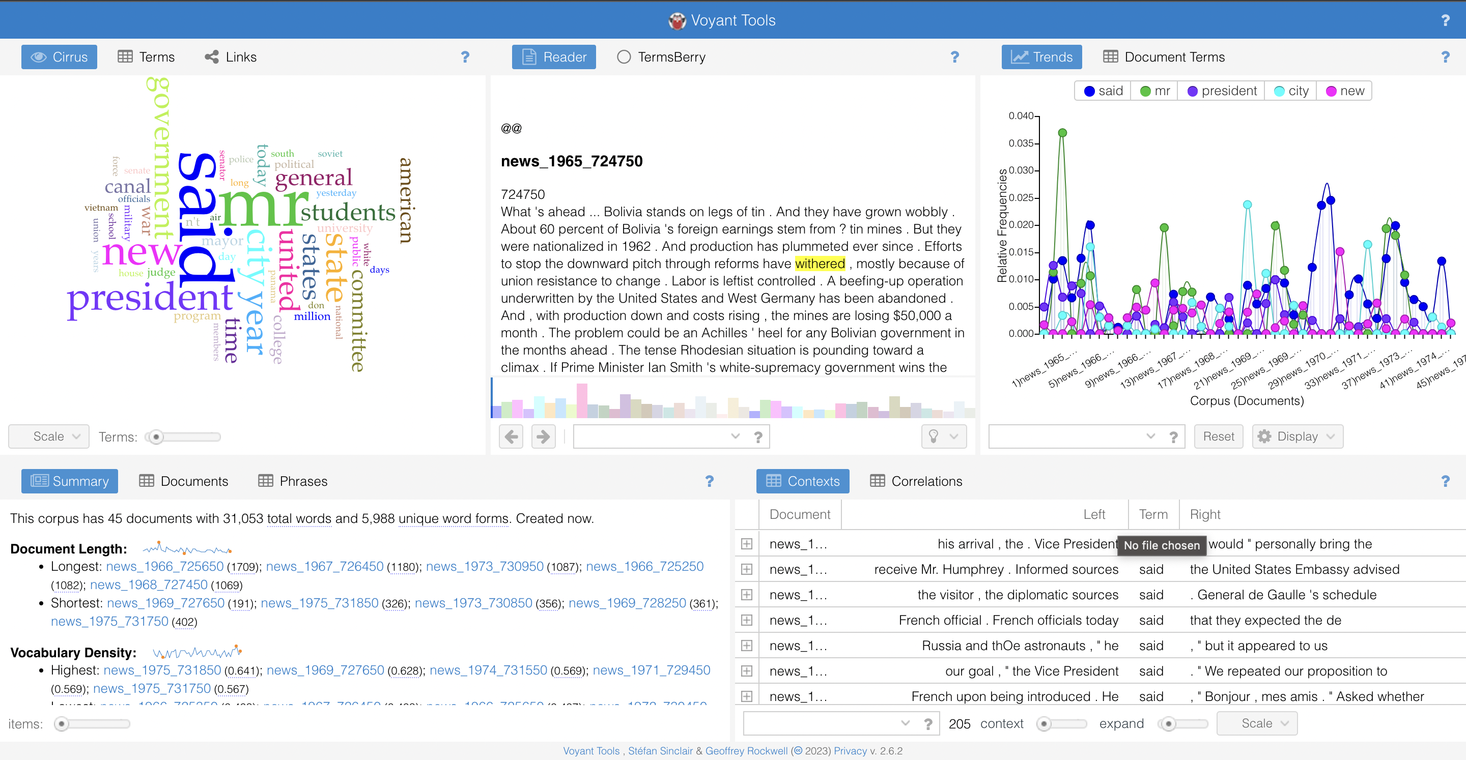 This is the main view of Voyant when viewing the news files.